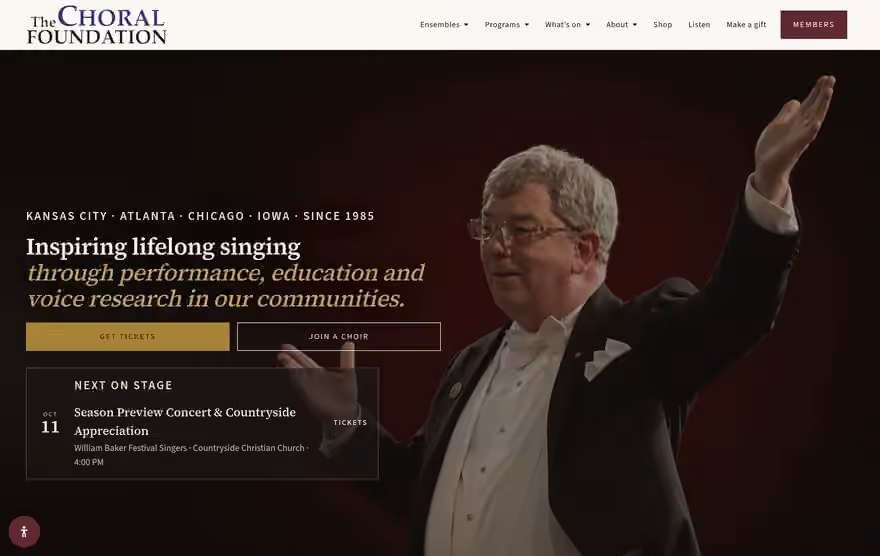 The Choral Foundation homepage on desktop: a conductor in concert dress, the headline “Inspiring lifelong singing,” Get Tickets and Join a Choir buttons, and the next concert listing.